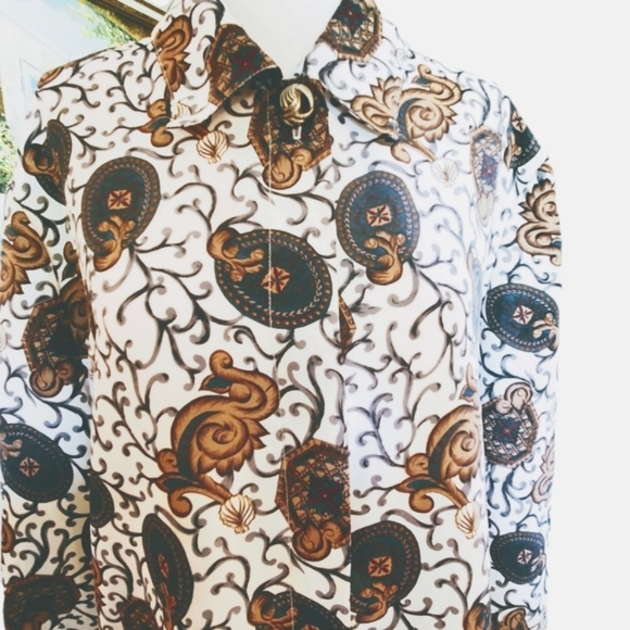 VINTAGE BLOUSE SHIRT LONG SLEEVE SZ 14 GOLD BEIGE BROWN GREEN RED BRASS BUTTONS - Picture 7 of 13